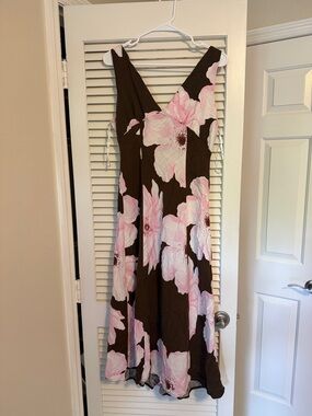 Floral Maxi Dress in Brown and Pink - Sleeveless V-Neck